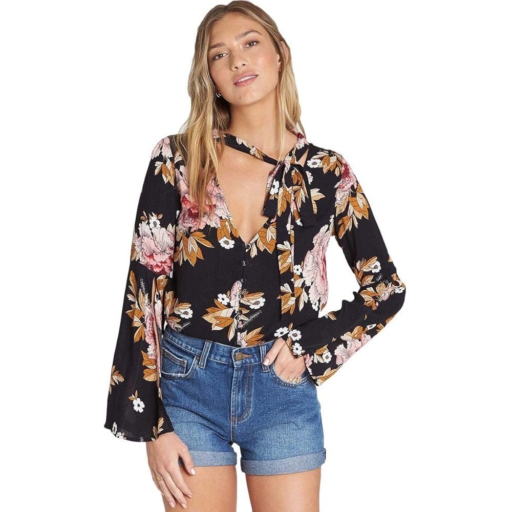 Billabong Lust Linger Floral Tie Neck‎ Blouse Medium Black Pink Bell Sleeve Top